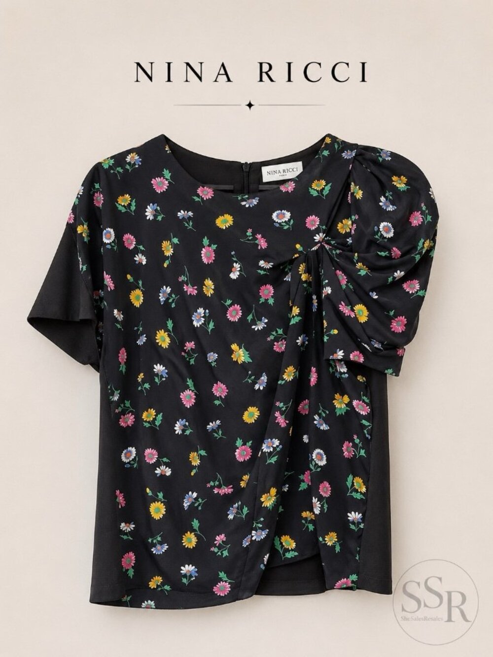 Nina Ricci Silk Floral Blouse IT 42 Black Ditsy Print Asymmetric Draped Top US8